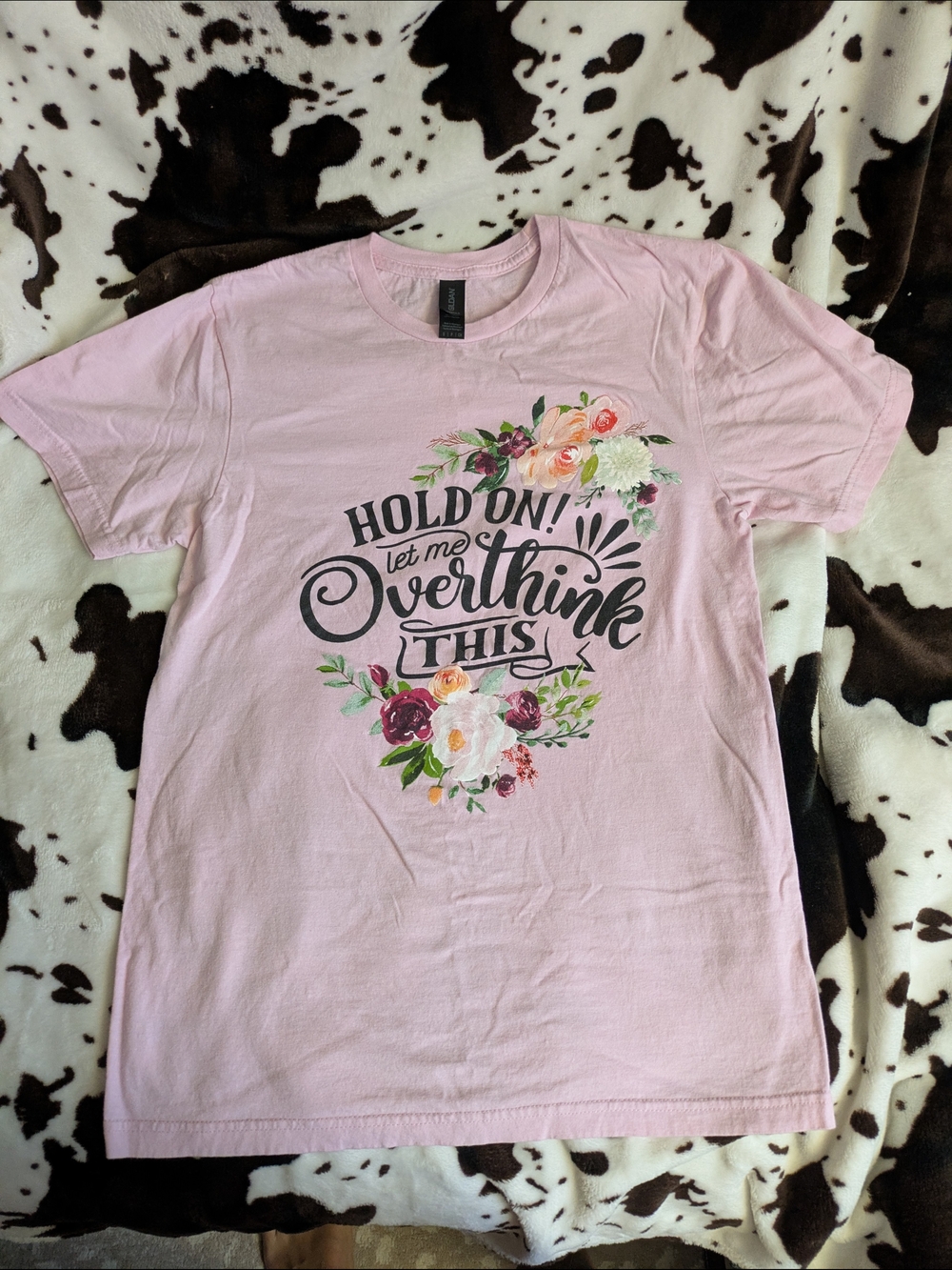 Gildan Pink Floral 'Hold On Let Me Overthink This' Graphic Tee